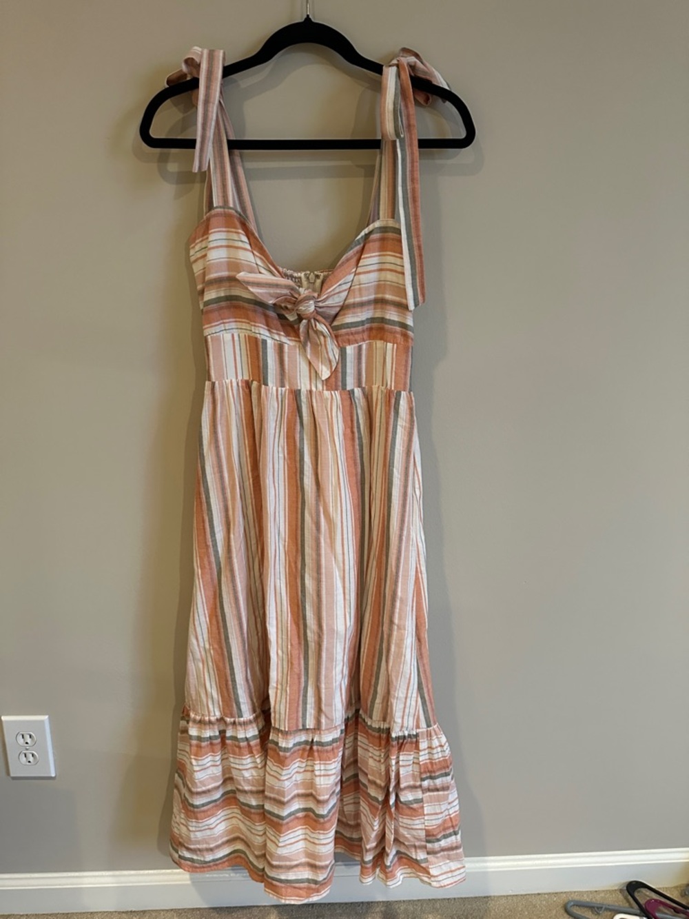 Lost + Wander Striped Tie-Front Midi Dress in Peach, Cream, and Olive